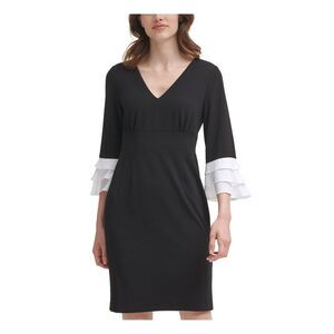 NWT DKNY Womens Black Zippered 3/4 Ruffle-sleeve V Neck Wear To Work Dress 6